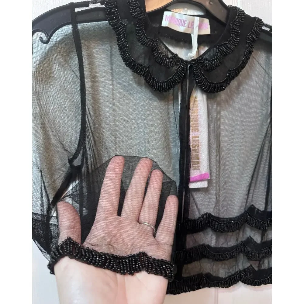 NWT Monique Leshman Black Sheer Scallop Beaded Crop Blouse Top Size S